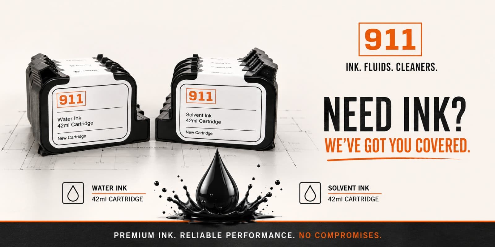 911 ink, fluids, and cleaners — Water Ink and Solvent Ink 42 ml cartridges. Need ink? We've got you covered.